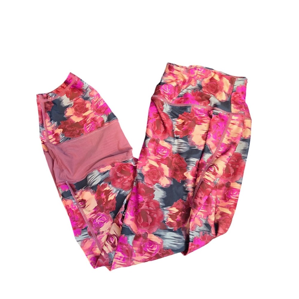 Nine West Active Floral Rose Print Mesh Panel Leggings Womens 2X Pink Red Yoga
